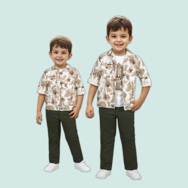 Boys' 3-Piece Desert Safari Shacket Set - Beige Printed Shirt with Olive Chinos