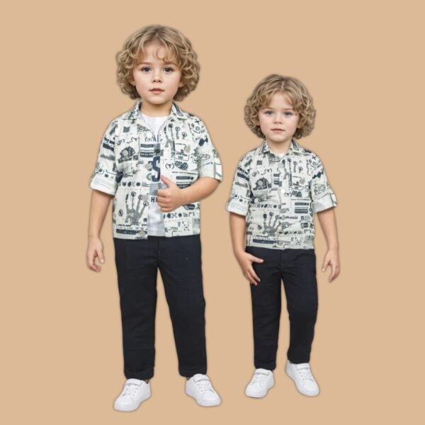Boys' 3-Piece Tech-Print Shacket Set - White Graphic Shirt & Navy Blue Pants