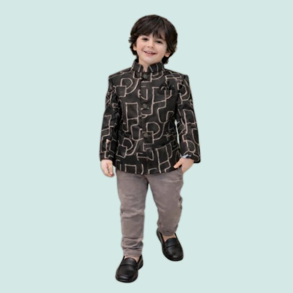 Boys' Charcoal Grey Geometric Print Jodhpuri Suit Set