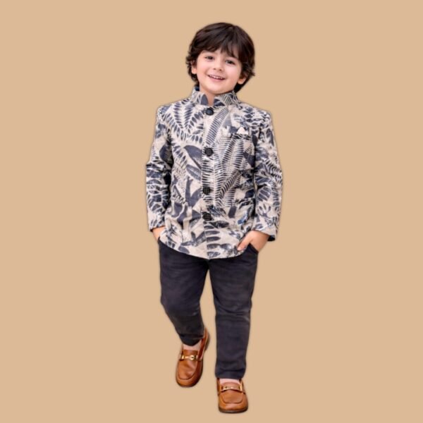 Boys' Designer Beige & Navy Tropical Leaf Print Indo-Western Outfit